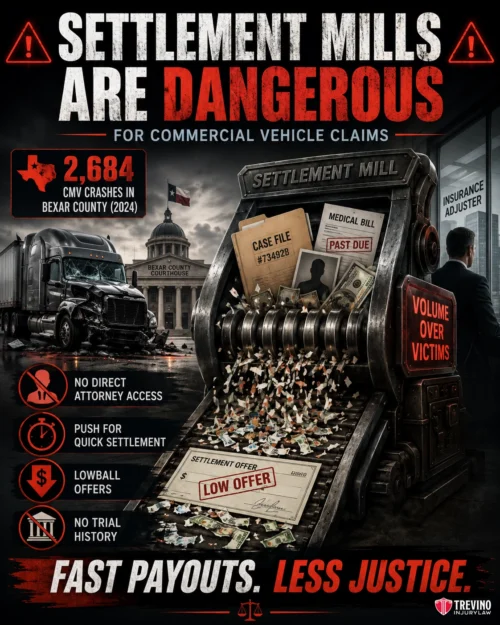 What Makes a High-Volume Settlement Mill Dangerous for Commercial Vehicle Claims?. A graphic warns that settlement mills are dangerous for commercial vehicle claims. It shows a machine labeled “Settlement Mill” shredding legal documents and cash. Icons highlight issues: no attorney access, fast settlements, low offers, no trial. Text reads: "Fast payouts. Less justice.