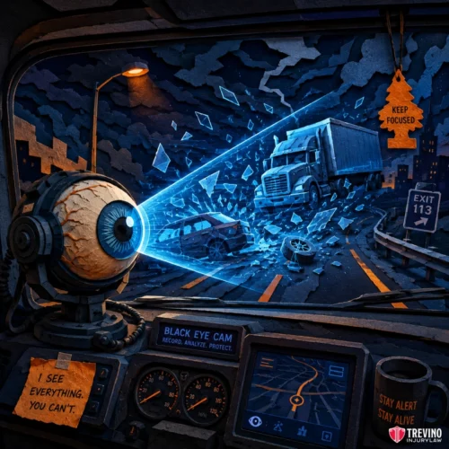 What Must You Do in the First Week After a San Antonio Commercial Truck Crash? A robotic eyeball labeled “Black Eye Cam” projects a blue beam through a shattered windshield toward a crashing semi-truck at night. The dashboard shows safety reminders: “Keep Focused,” “I See Everything. You Can’t,” and “Stay Alert, Stay Alive.”.