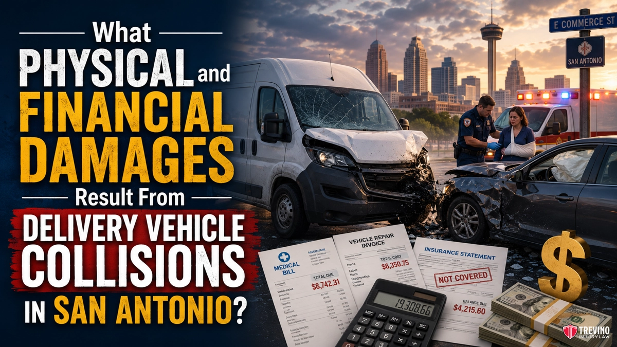 What Physical and Financial Damages Result From Delivery Vehicle Collisions in San Antonio?. A delivery van and car collide at an intersection in San Antonio; police and an injured driver are present. Overlaid text asks about physical and financial damages from delivery vehicle collisions. Medical bills, repair invoices, and insurance papers are shown.