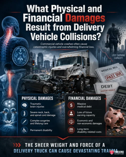 What Physical and Financial Damages Result from Delivery Vehicle Collisions?. An infographic with a damaged delivery truck, a spine X-ray, and icons. Text explains that delivery vehicle collisions can cause physical damages (brain, spine injuries; pain; disabilities) and financial damages (medical debt, lost wages, long-term costs).