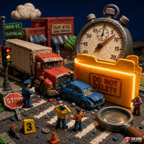 What Should You Do Immediately After a Commercial Truck T-Bone Crash in Texas? A detailed diorama made of clay depicts a truck crashing into a car at an intersection. Nearby, a glowing folder labeled "DO NOT DELETE" stands out. A stopwatch, magnifying glass, and small clay people examining the scene add intrigue.
