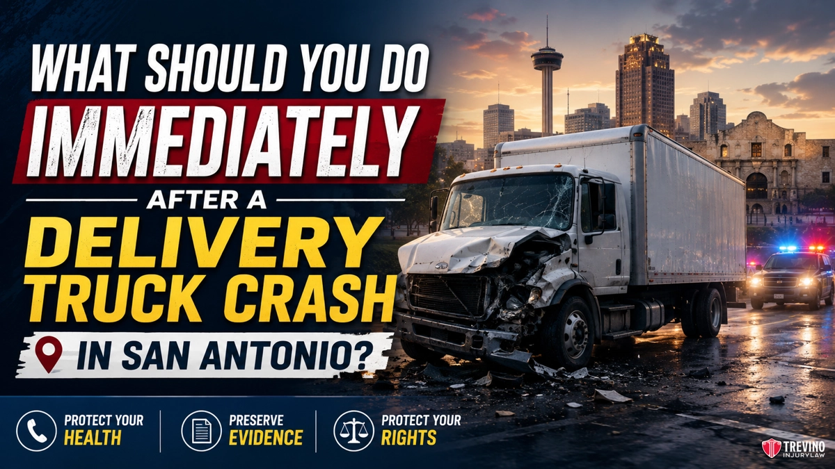 What Should You Do Immediately After a Delivery Truck Crash in San Antonio?’. A damaged delivery truck is shown after a crash with San Antonio’s skyline in the background. Bold text asks, “What should you do immediately after a delivery truck crash in San Antonio?” Icons advise to protect health, preserve evidence, and protect rights.