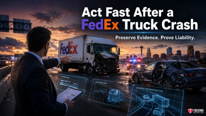 What Should You Do Immediately After a FedEx Truck Accident in San Antonio to Prove Liability?. A man in a suit points at a damaged FedEx truck and a crashed car on a city highway at dusk. Police cars with flashing lights are present. Digital graphics display accident data, emphasizing the need to act fast after a FedEx truck crash.