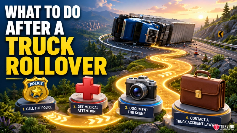What Should You Do Immediately After a Truck Rollover Accident in San Antonio? A large truck lies flipped on its side on a curving mountain road. Text reads: "What to do after a truck rollover" with four steps: 1. Call the police, 2. Get medical attention, 3. Document the scene, 4. Contact a truck accident lawyer.