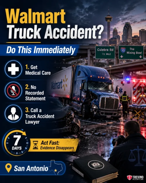 What Should You Do Immediately After a Walmart Truck Accident in San Antonio?. A Walmart semi-truck and a wrecked car are shown at night under an overpass, with emergency responders at the scene. Text gives steps to take after an accident and local details for San Antonio. City skyscrapers and highway signs are visible in the background.