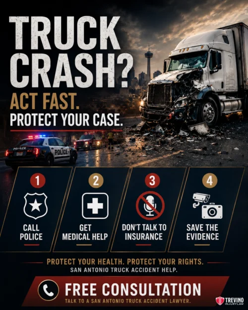 What Should You Do Immediately after a Delivery Truck Crash in San Antonio?. A large white semi-truck with major front-end damage is on a city street at night. Police cars with flashing lights are nearby. Bold text reads: "Truck Crash? Act Fast. Protect Your Case." Four steps and call-to-action icons advise legal and medical help.