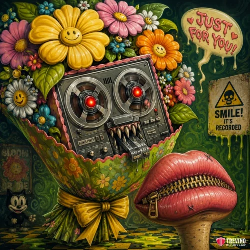 What Should You Say to the Trucking Company’s Insurance Adjuster? A bouquet of colorful, smiling flowers wraps around a vintage tape recorder with glowing red eyes and sharp teeth. A sign says “Just for You!” and another reads “Smile! It’s recorded.” Large lips and a cat cartoon are also in the surreal, whimsical scene.