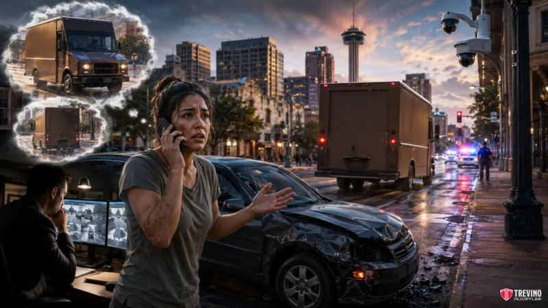 What Should You Tell San Antonio Police Officers at the Commercial Crash Scene?. A distressed woman stands beside a crashed black car, talking on her phone. Behind her, a brown delivery truck speeds away in a city. Inset bubbles show surveillance footage and a man monitoring security cameras. Police lights and city buildings are visible in the background.