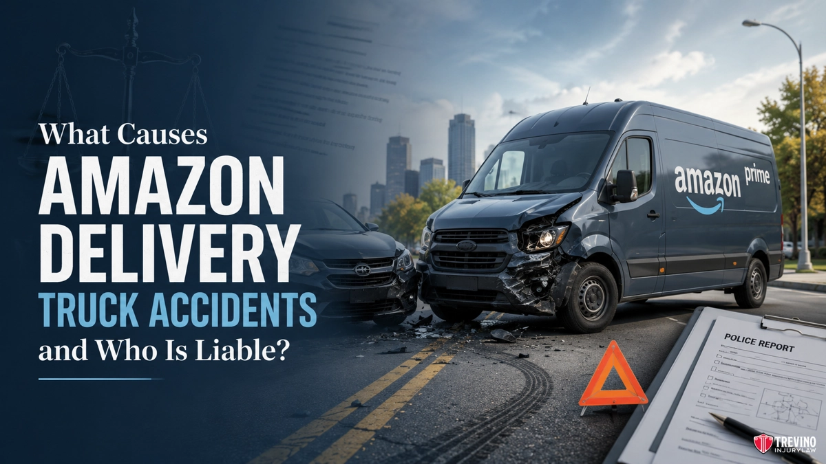 What Specific Factors Cause Amazon Delivery Truck Accidents in San Antonio?. A damaged Amazon Prime delivery van and a car after a collision on a city street. A police report and warning triangle are visible in the foreground. Text reads: "What Causes Amazon Delivery Truck Accidents and Who Is Liable?.