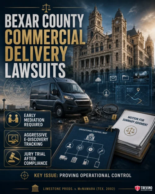 What Specific Procedures Govern Commercial Delivery Lawsuits in the Bexar County Courthouse?. A dark-toned infographic shows Bexar County courthouse, a black delivery van, legal documents, and icons for early mediation, e-discovery, and jury trials. Text highlights delivery lawsuits and proving operational control as a key issue.