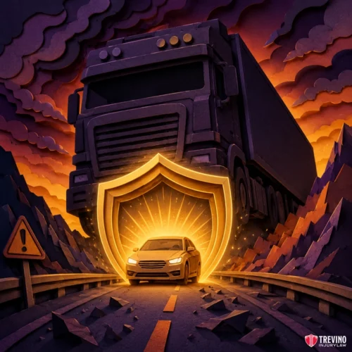What To Do Immediately Following an Underride Truck Accident? A glowing shield protects a car from a looming truck on a dark, winding mountain road. Dramatic orange and purple clouds fill the sky as jagged rocks surround the scene. A caution sign appears on the left. The Trevino Injury Law firm logo is in the bottom right corner.