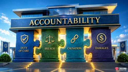 What are the four legal elements to prove negligence in a Texas jackknife accident? A modern building labeled “ACCOUNTABILITY” stands above four large puzzle pieces, each representing a legal concept: Duty of Care, Breach, Causation, and Damages, with matching icons. The image is visually striking and uses bright, professional colors.
