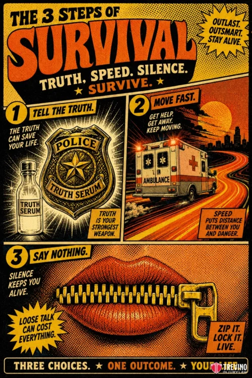 What are the immediate legal and medical priorities following a truck rollover in San Antonio? Comic-style poster titled “The 3 Steps of Survival.” Step 1 shows a police badge and truth serum vial; Step 2 shows an ambulance speeding on a highway at sunset; Step 3 shows lips zipped shut. Each step highlights truth, speed, and silence. Bold survival slogans throughout.