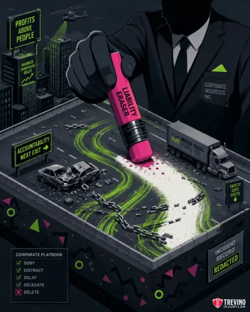 What critical physical evidence disappears within the first 24 hours of an 18-wheeler rollover? A suited figure uses a giant pink eraser labeled “LIABILITY ERASER” to erase a highway crash scene. Damaged cars, oil spills, and chains are being covered. Signs read “PROFITS ABOVE PEOPLE” and “ACCOUNTABILITY NEXT EXIT.” A checklist shows steps: Deny, Distract, Delay, Delegate, Delete.