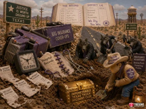 What documents do I need for a commercial insurance claim after a truck rollover? A claymation scene shows wolves in suits and trucks labeled “Big Insurance Cover-Ups,” while a cowboy labeled “Your Attorney” digs up a gold chest marked “Impenetrable Texas Truck Accident Case.” Nearby are documents, hospital records, and signs referencing justice and insurance.