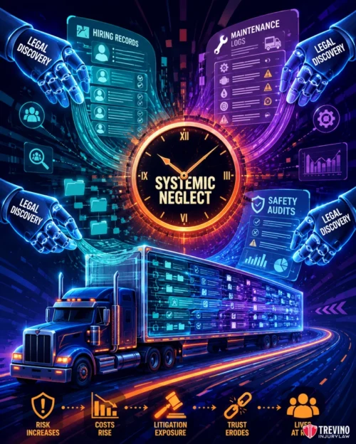 What evidence proves a trucking company's systemic negligence caused the jackknife? A neon-lit semi-truck drives at night, surrounded by digital icons for legal discovery, hiring records, maintenance logs, and safety audits. A central clock reads "Systemic Neglect." Bottom icons show rising risk, costs, litigation, eroding trust, and lives at risk.