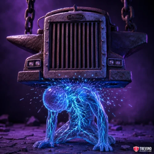 What happens to your body during a commercial truck roof crush or rollover? A glowing blue figure kneels under the immense weight of an anvil fused with a truck front, labeled "CLAYHAULER." Blue energy crackles from the figure, highlighting strain. Chains suspend the heavy object. Purple lighting and cracked ground add dramatic effect.
