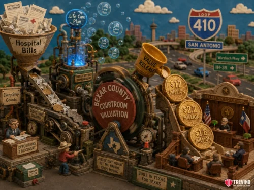 What is the average settlement for a truck accident in Texas? A detailed diorama shows a courtroom-themed machine labeled “Bexar County Courtroom Valuation,” surrounded by oversized props: hospital bills, cash, coins, legal forms, and a San Antonio Loop 410 road sign, with a bustling highway in the background.