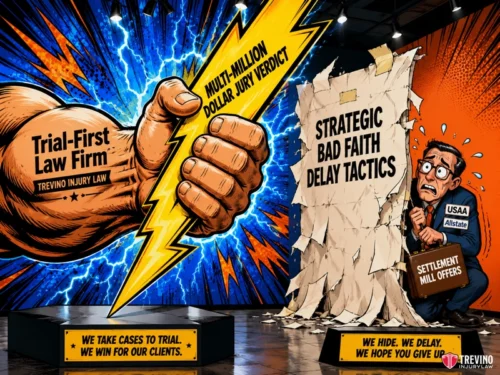 What scares insurance adjusters during a truck rollover claim? A dynamic comic-style image shows a giant fist holding a lightning bolt labeled "Multi-Million Dollar Injury Verdict" smashing through "Strategic Bad Faith Delay Tactics." On the left, "Trial-First Law Firm" stands boldly; on the right, insurance offers are hidden behind barriers.