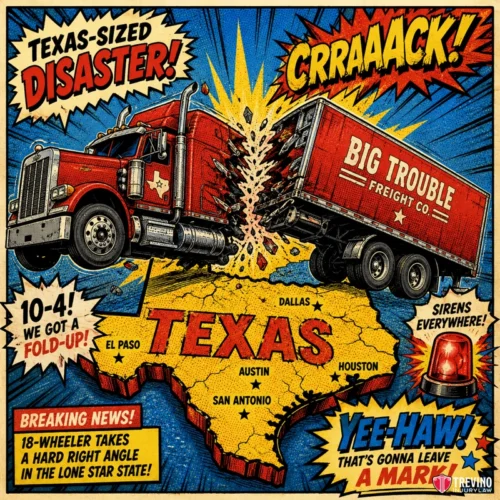 What should you do immediately after a commercial truck jackknifes in San Antonio? Comic-style image: Two red trucks labeled "Big Trouble Freight Co." collide over a yellow Texas map, creating a loud crash. Text exclaims, "Texas-sized disaster!" "Breaking news!" and, "Yee-haw! That’s gonna leave a mark!" Sirens and city names are shown.