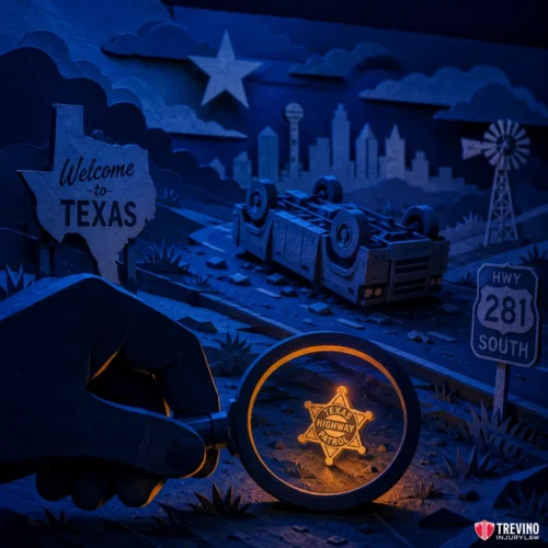 What should you do immediately after an 18-wheeler rollover crash in San Antonio? A blue-toned paper art scene shows a hand holding a magnifying glass over a glowing Texas Highway Patrol badge. Nearby are a flipped car, a “Welcome to Texas” sign, and a “HWY 281 South” sign. A city skyline and star shine in the background.
