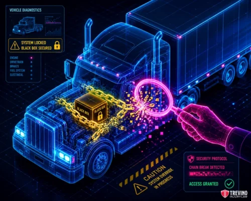 What specific questions should you ask a lawyer about 18-wheeler crash investigations? A digital illustration of a semi-truck with neon outlines shows a “black box” secured with chains and a padlock under the hood. A hand uses a digital magnifying glass to break the chains, displaying alerts for “security protocol,” “chain break detected,” and “access granted.”.