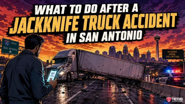 What to Do After a Jackknife Truck Accident in San Antonio. A man holding a phone displaying "911" stands by a highway at night. A jackknifed semi-truck blocks the road. Bright city lights and the San Antonio skyline are visible. A sign warns, “Accident Ahead Use Caution.” Bold text explains steps after a truck accident.