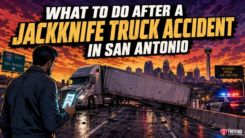 What to Do After a Jackknife Truck Accident in San Antonio. A man holding a phone displaying "911" stands by a highway at night. A jackknifed semi-truck blocks the road. Bright city lights and the San Antonio skyline are visible. A sign warns, “Accident Ahead Use Caution.” Bold text explains steps after a truck accident.