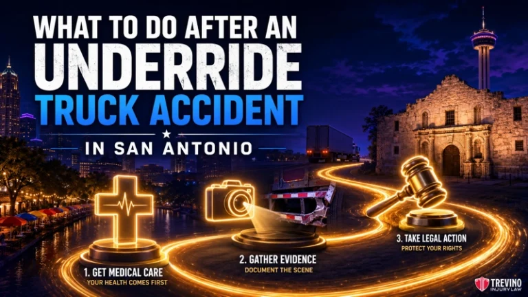 What to do after an underride truck accident in San Antonio? Text graphic showing “What to do after an underride truck accident in San Antonio” with city and Alamo images. Steps: 1. Get medical care (medical cross), 2. Gather evidence (camera, accident scene), 3. Take legal action (gavel). Trevino Injury Law logo at bottom.