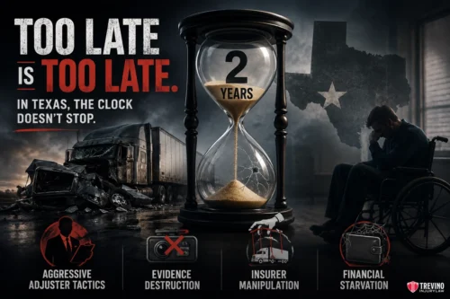 When Is It Too Late to Access Commercial Liability Coverage in Texas?. A dramatic ad shows a crashed truck, an hourglass labeled "2 years," and a distressed person in a wheelchair. Bold text reads, "Too late is too late. In Texas, the clock doesn't stop." Icons warn of adjuster tactics, evidence loss, insurer tricks, and financial harm.