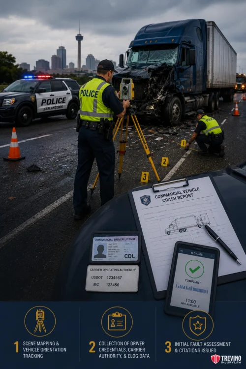 When Is It Too Late to Collect Highway Crash Scene Evidence in San Antonio?. Police officers investigate a truck crash scene in the rain. One officer uses surveying equipment near numbered markers by debris, while another photographs the site. A crash report clipboard and phone lie on a nearby trunk. Damaged truck and city skyline are visible.