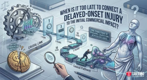 When Is It Too Late to Connect a Delayed-Onset Injury to the Initial Commercial Impact?. A complex infographic shows a gear labeled "The Event," leading through a timeline (1, 3, 5, 10 years) toward a human figure with visible anatomy. Legal symbols, graphs, and a “causal link” path illustrate challenges in proving delayed-onset injury impacts.