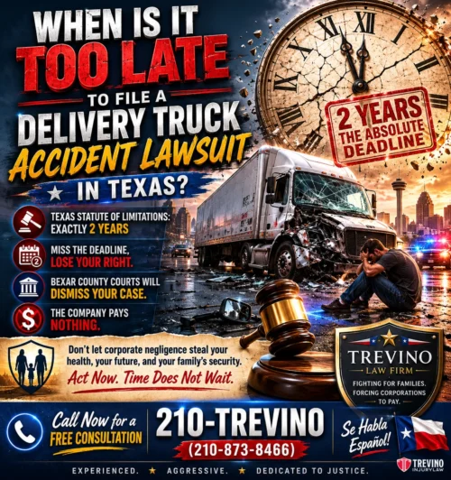 When Is It Too Late to File a Delivery Truck Accident Lawsuit in Texas?. A large semi-truck crashed into a barrier under dark stormy skies. Bold text warns “When is it too late to file a delivery truck accident lawsuit in Texas?”, explaining a 2-year deadline. Includes Trevino Law Firm’s logo, phone number, and offer for free consultation.