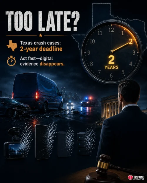 When Is It Too Late to Prove Corporate Liability Against an Amazon Delivery Service Partner?. A dramatic night scene shows a lawyer in a suit looking at a courthouse, a gavel, shattered digital evidence icons, and a van. Text reads: “TOO LATE? Texas crash cases: 2-year deadline. Act fast—digital evidence disappears.” A large 2-year clock dominates.