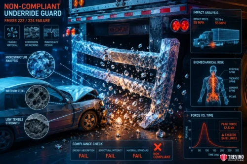 When Is the Trailer Manufacturer Liable for a Defective Underride Guard? A car crashes into the rear of a truck with a weak underride guard, shattering it into icy fragments. Diagrams highlight guard failures and stats, including speed, force, and body injuries. Labels show the guard is non-compliant due to inadequate strength and materials.