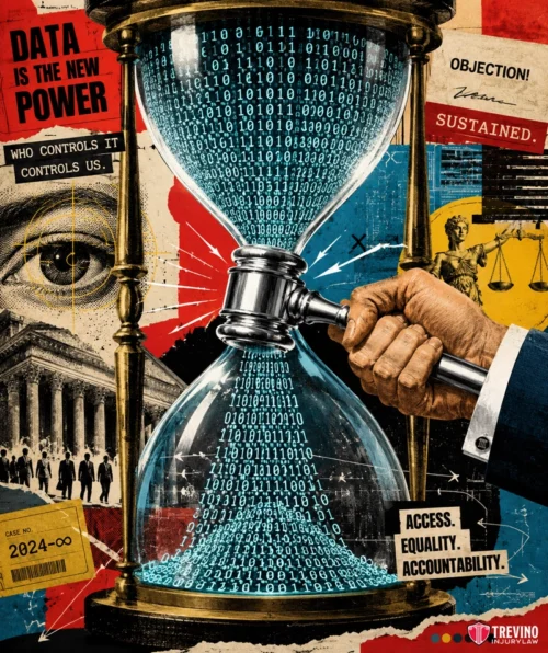 When Should You Hire a San Antonio Trial Lawyer After a Jackknife Accident? A collage-style image shows a gavel shattering an hourglass filled with binary code. Background elements include an eye, the US Supreme Court, legal documents, and phrases like “DATA IS THE NEW POWER” and “ACCESS. EQUALITY. ACCOUNTABILITY.”.