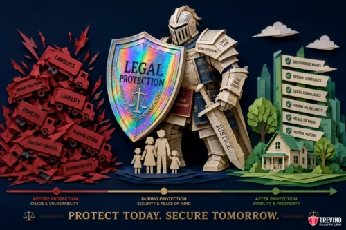 When should you hire a San Antonio personal injury lawyer after an 18-wheeler rollover? A knight labeled "Legal Protection" shields a family with a glowing crest. Left: red pile of trucks labeled "Liability," "Disputes," "Lawsuits." Right: safe home, green trees, and icons for security and prosperity. Text: "Protect today. Secure tomorrow.