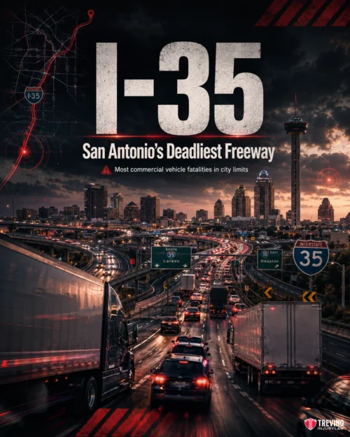 Which Freeway Has the Most Deaths in San Antonio?. A busy I-35 freeway in San Antonio at dusk, packed with cars and trucks. The city skyline and the Tower of the Americas are visible. Text reads: "I-35 San Antonio’s Deadliest Freeway – Most commercial vehicle fatalities in city limits.