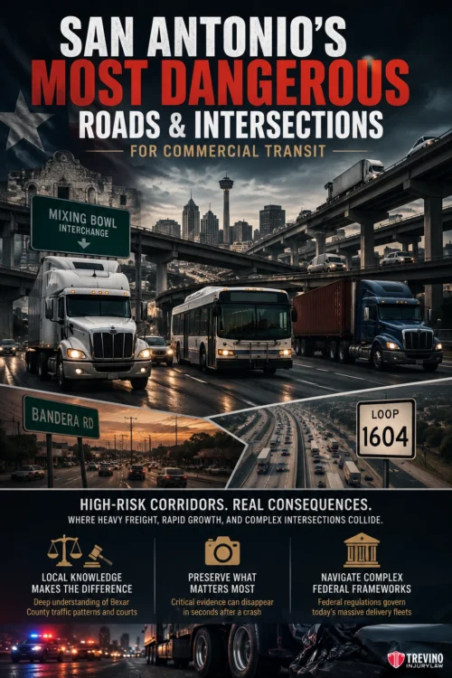 Which Roads and Intersections Are Most Dangerous for Commercial Transit in San Antonio?. A graphic shows semi-trucks on congested roads and highways under overpasses, with labeled street signs for Bandera Rd, Loop 1604, and the Mixing Bowl Interchange. Text warns of San Antonio’s most dangerous roads for commercial transit.