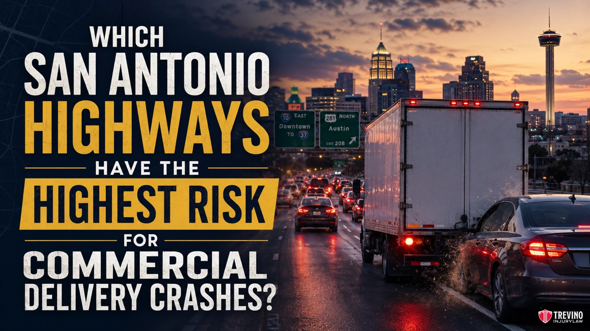 Which San Antonio Highways Have the Highest Risk for Commercial Delivery Crashes?. A busy San Antonio highway at sunset, with cars and a delivery truck in motion. City buildings and green road signs for I-10, I-35, and I-37 are visible. Large text asks which San Antonio highways have the highest risk for commercial delivery crashes.
