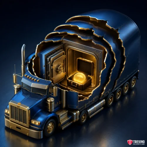 Which corporate insurance policies are responsible for your catastrophic injury bills? A blue semi-truck is shown with its trailer cut open to reveal a large, glowing vault inside. The vault door is open, displaying a golden bar engraved with an umbrella symbol. The image is rendered in a detailed, metallic, and futuristic style.