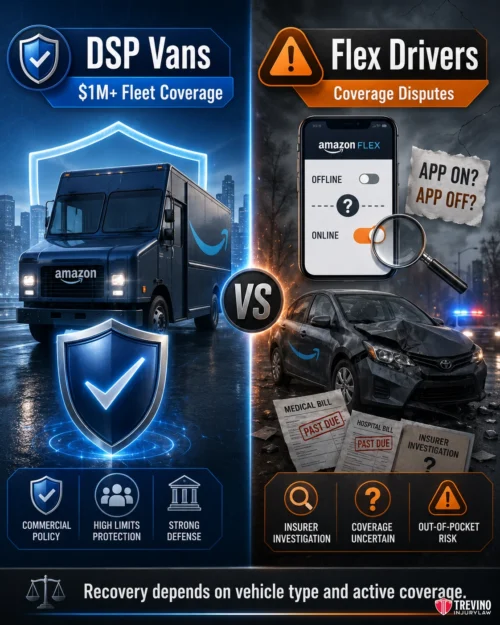 Who Insures Amazon Delivery Vehicles and How Do Coverage Limits Work?. A split image compares Amazon DSP vans (left) with Flex drivers (right). The DSP side shows a van, shield, and icons for coverage and policies. The Flex side shows a damaged car, warning icons, and uncertainty about coverage. Text explains coverage differences.