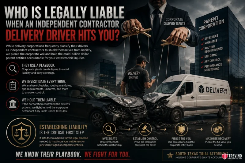 Who Is Legally Liable When an Independent Contractor Delivery Driver Hits You?. Infographic titled "Who is legally liable when an independent contractor delivery driver hits you?" showing a crashed car, a delivery van, a driver, and legal steps: investigate, establish control, pierce the veil, maximize recovery. Corporate figures loom in background.