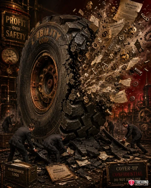 Who Is Responsible When a Steer Tire Blowout or Brake Failure Causes a Truck to Overturn? A giant tire labeled “Liability Corp.” explodes, scattering gears, papers marked “Limitation of Liability,” and debris. Workers below hastily shovel documents into boxes labeled “Maintenance Logs” and “Cover-up Confidential.” Signs read “Profit Over Safety” in a dark industrial setting.