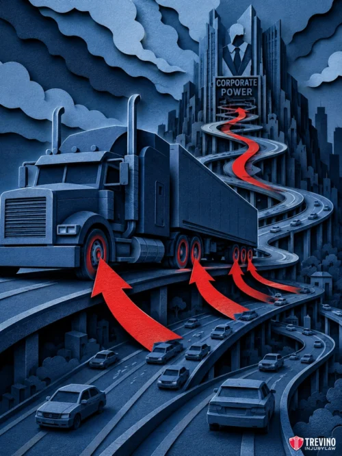 Who Is at Fault in a Commercial Truck T-Bone Accident in Texas? A large black truck ascends a winding elevated road toward a skyscraper labeled "Corporate Power." Red arrows lift the truck above smaller cars on looping highways below, suggesting privilege or advantage. Dark clouds and blue tones create a dramatic, intense atmosphere.