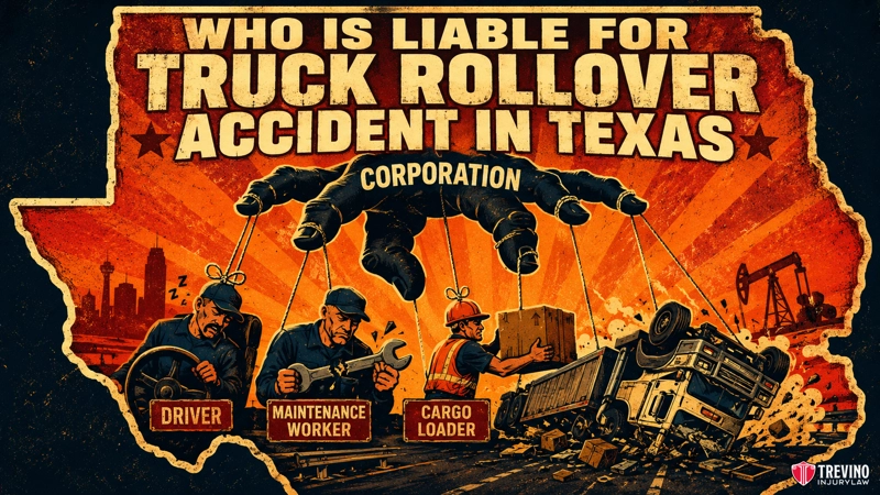 Who May Be Liable After a Truck Rollover Accident in Texas? A dramatic illustration shaped like Texas asks, “Who is liable for truck rollover accident in Texas?” Giant hands labeled “Corporation” control driver, maintenance worker, and cargo loader marionettes. A wrecked truck and city skyline are in the background.