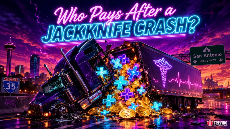 Who pays after jackkinfe accident? A purple semi-truck jackknifes on a city highway at night, crashing through a concrete barrier. Gold coins and blue medical cross symbols spill from the trailer. Neon text reads “Who Pays After a Jackknife Crash?” Road signs point to San Antonio and Interstate 35.