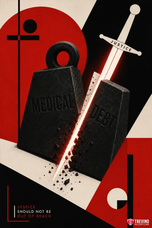 Who pays for your medical treatment and lost income after a jackknife truck crash? A sword labeled "Justice" splits a heavy black weight labeled "Medical Debt" against a bold red, black, and white geometric background. Debris scatters from the break. Text reads: "Justice should not be out of reach." The Trevino Injury Law logo appears at bottom right.