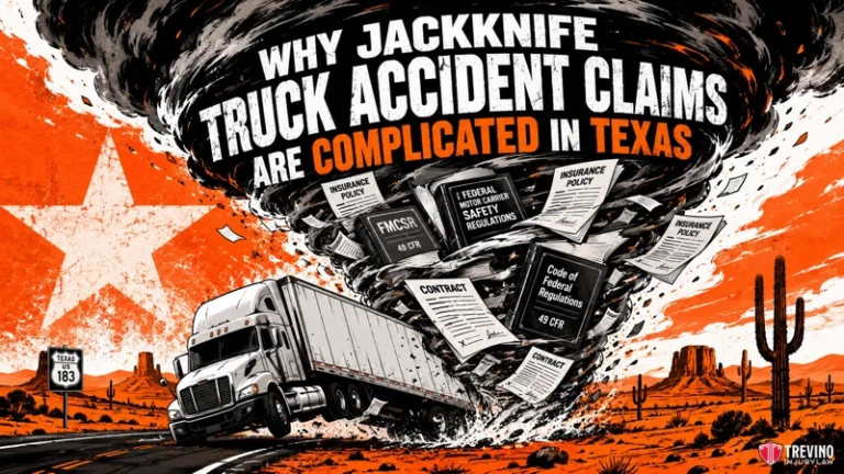 Why Are Jackknife Truck Accident Claims More Complex in Texas? An illustrated semi-truck jackknifes on a Texas desert road, creating a swirling tornado of documents labeled with legal and insurance terms. A large Texas flag appears in the background. Bold text reads: “Why Jackknife Truck Accident Claims Are Complicated in Texas.”.