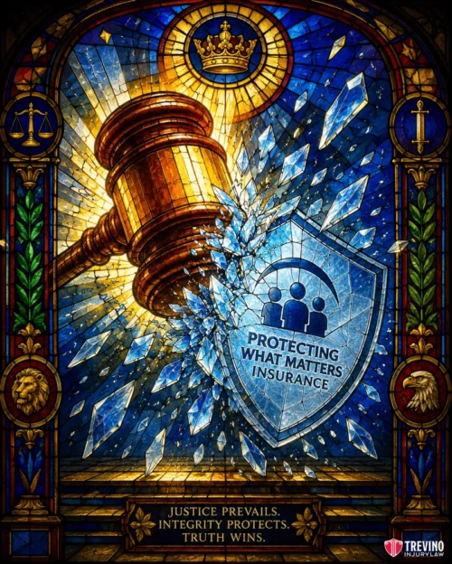 Why Do Catastrophic Injuries Require a Bexar County Trial Authority? A stained-glass window shows a judge’s gavel shattering a shield labeled “Protecting What Matters Insurance.” A golden crown sits above; blue and gold tones dominate. Text below reads: “Justice prevails. Integrity protects. Truth wins.” Trevino Injury Law logo is in the corner.